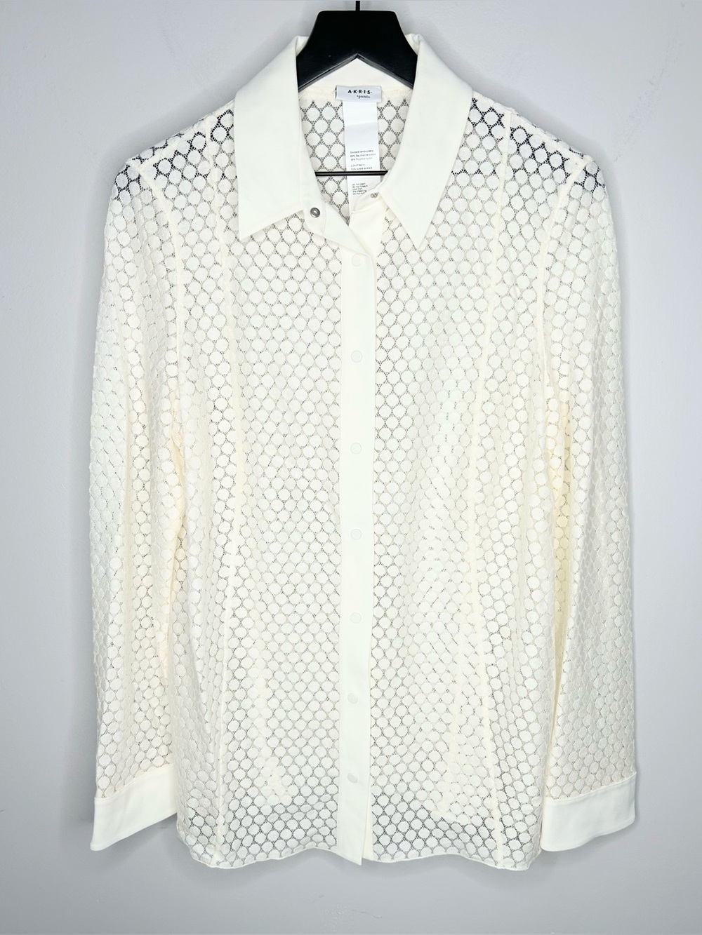 Akris Punto Ivory Circle Embroidered Lace Sheer Button Down Blouse Size 14